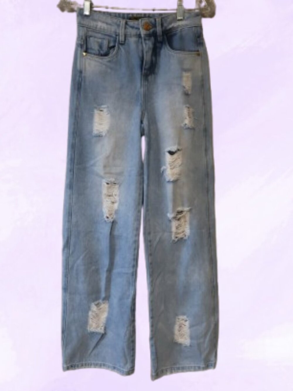 Red Blue light wash distressed ripped wide leg jeans in blue size brazillian 34